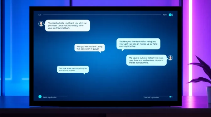 Futuristic digital interface of a chatbot conversation on a modern screen with neon accents and ambient lighting.