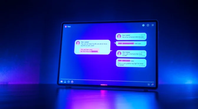 Futuristic AI chat interface with neon colors and suggestive content on a high-tech screen.