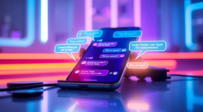 Futuristic smartphone displaying AI chat conversation with neon accents and holographic text