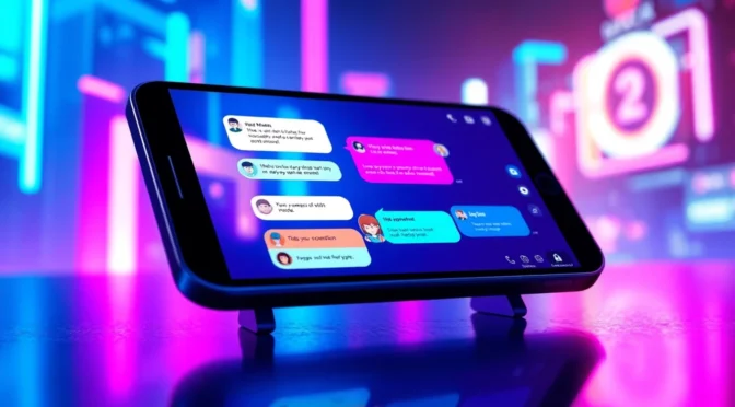 Futuristic digital chat interface with colorful AI characters on a modern device screen in a neon-lit cityscape background.