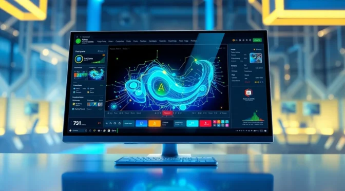 Futuristic computer screen displaying Nano Banana AI interface with vibrant colors and advanced editing tools.