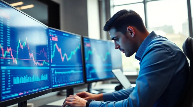 An online trading guide illustration showing a trader analyzing stock charts on a computer to