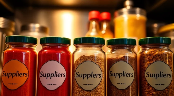 Suppliers of premium spices and food products showcased in a professional storage setting,